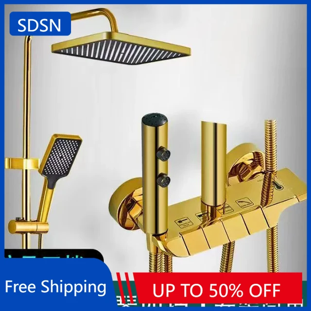 ชุดฝักบัวอาบน้ำแบบเปียโนสีทอง หัวฝักบัวแบบเรนชาวเวอร์ขนาด 12 นิ้ว ก๊อกผสมน้ำร้อนน้ำเย็นสำหรับห้องน้ำ ระบบฝักบัวอาบน้ำแบบเปียโนรุ่นใหม่ 1