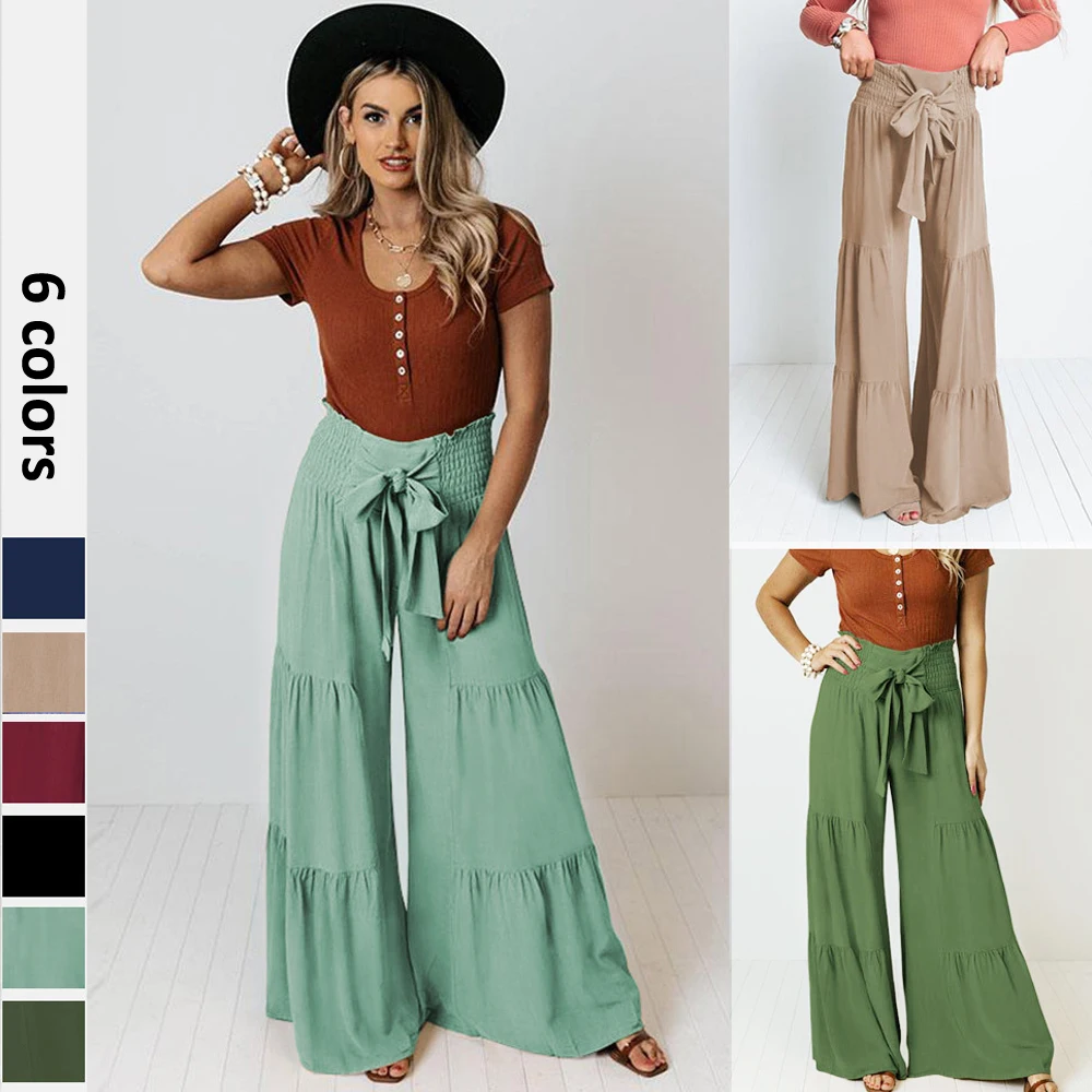 Fashion Pants Women Summer Wide Leg Long Trousers Casual Vintage Elastic  High Waist Beach Boho Straight