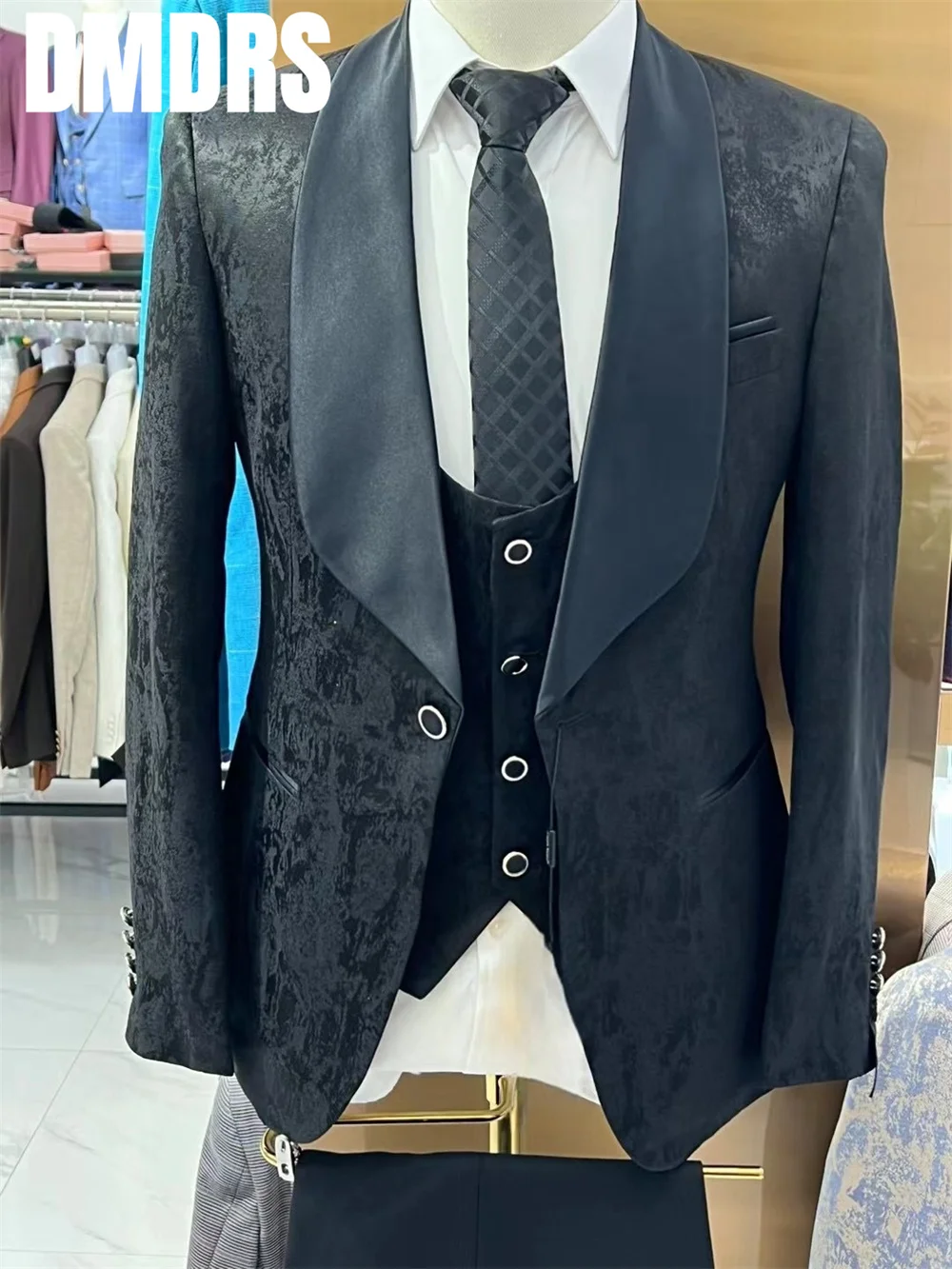 Fashion Printed Men Suit Set Formal Business 3 Piece Set For Men 2024 Slim Jacket Dress Blazers Coat Trousers Single Breasted