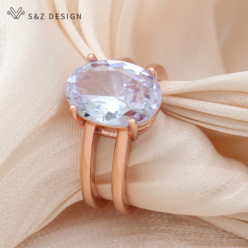S&Z DESIGN New Fashion Egg Shape Oval Cubic Zirconia Rings For Women Wedding 585 Rose Gold Color Jewelry Adjustable Ring Gift