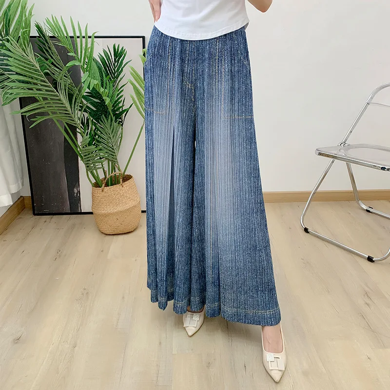 Miyake Pleated Pants Women's Imitation Denim Wide-leg Pleated Pants Casual Loose Straight Trousers 2023 Autumn New Style