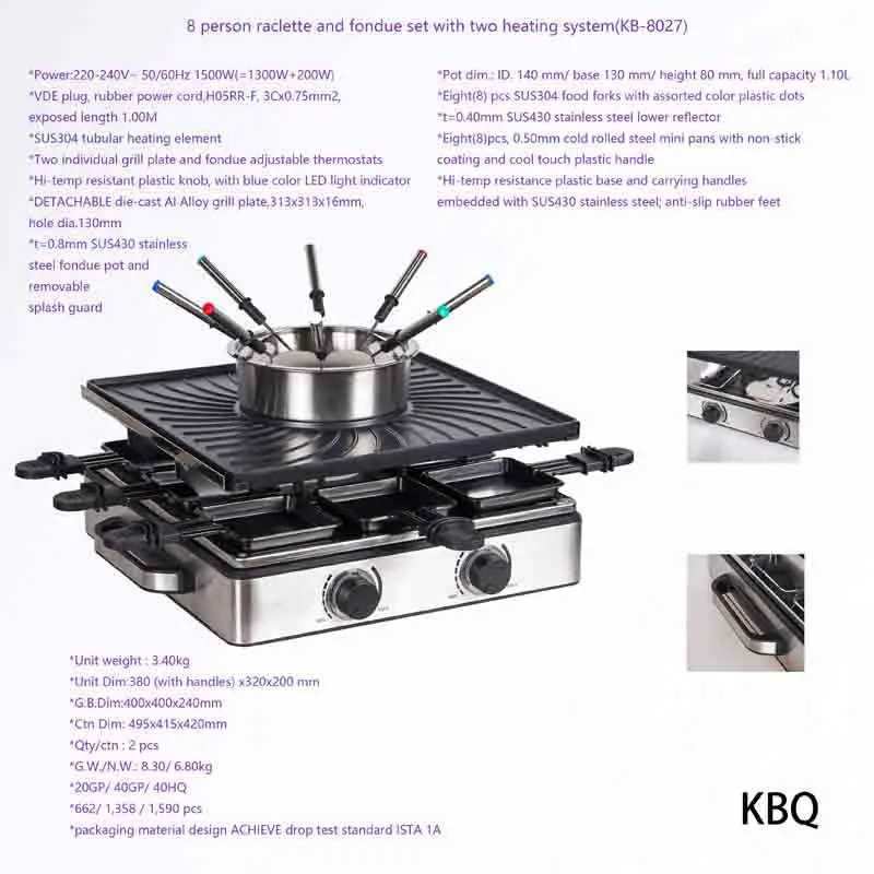 1500W Smokeless BBQ Electric Raclette Grill Fondue Set Aluminum with Chocolate Cheese Hot Pot & Pans For 8 Person, In&Outdoor