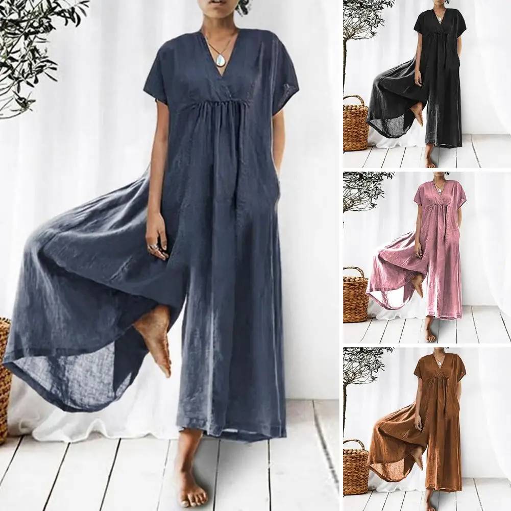 

Women Jumpsuit Loose Solid Color Short Sleeves V-neck Cotton Linen Women Elegant Summer Wide Leg Rompers Daily Wear 여성용 점프슈트