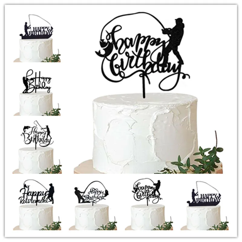 Fish Cake Topper Happy Birthday Sign Decorazioni Per Torte Per Uomo Kids Boy Fisherman Gone Fishing Forniture Per Feste Di Compleanno A Tema