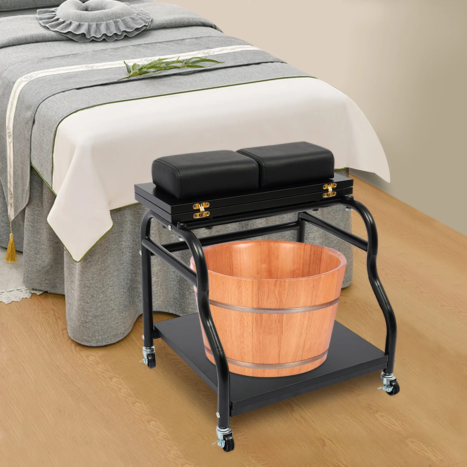 Foot Spa Bench Foldable 2-Tier Pedicure Station with Wheels & Brakes for Salon Foot Bath Massage Manicure