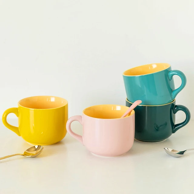 Taza grande para desayuno de 680ml, Taza de cerámica para café, leche,  amarillo, verde, rosa, viene con cepillo, DEC677 - AliExpress