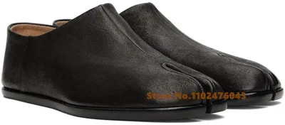 

Split Toe Silver Black Leather Loafers Shoes Men Leather Round Toe Slip On Lazy Flat Shoes Male Cowhide Formal Party Shoes