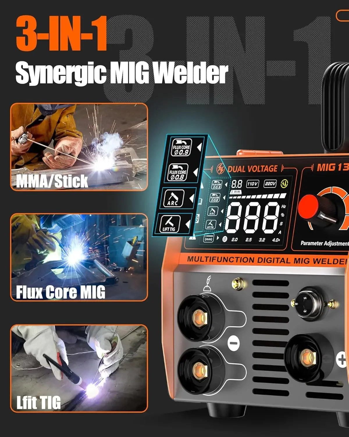 135A Flux Core MIG Welder 110V 3-IN-1 MIG/ARC/Lift TIG Welding Machine IGBT DC Inverter Gasless Welder Synergy Welding Machine