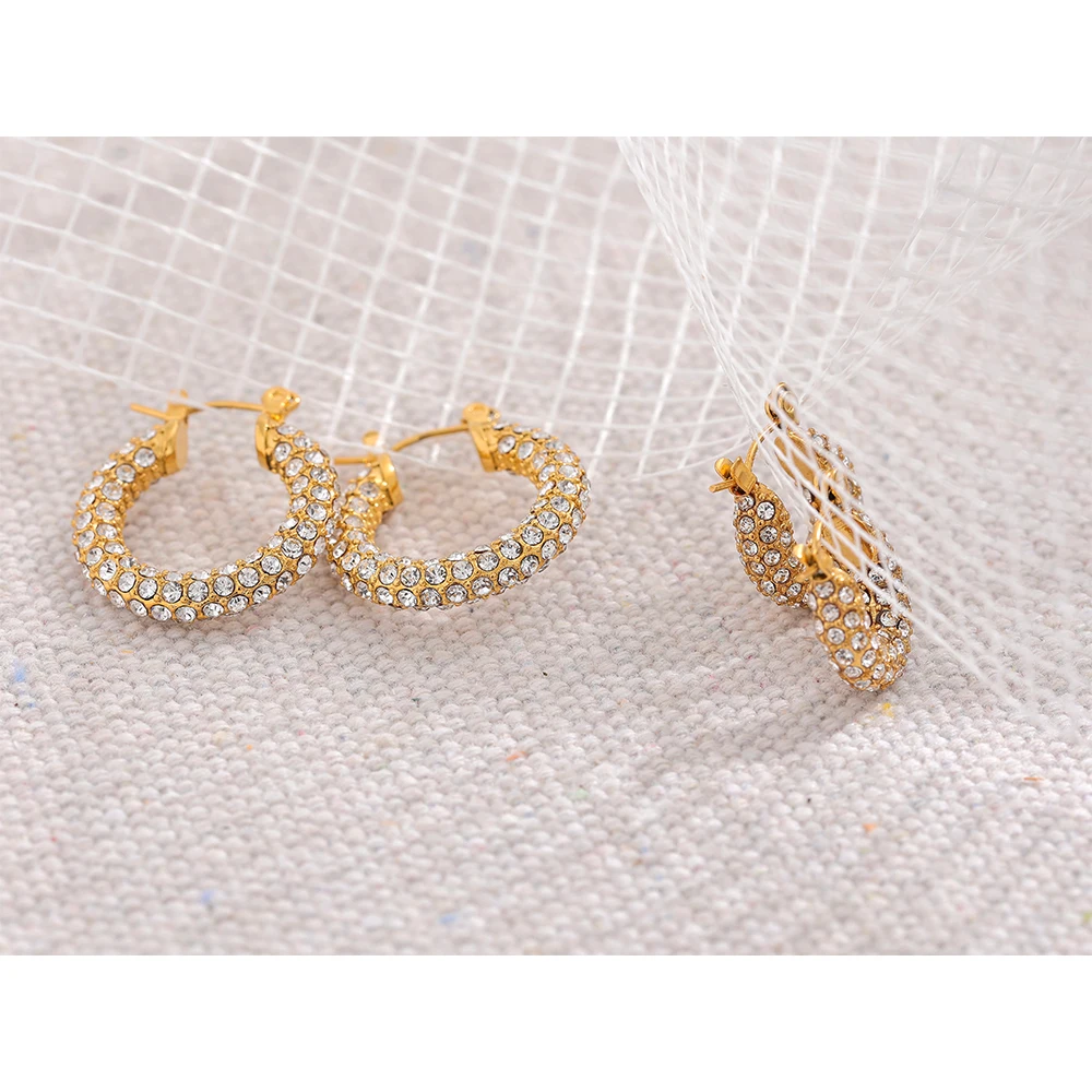 18k Gold Plated Cubic Zirconia Hoop Earrings - Chunky Rhinestone Hypoallergenic Women's Jewelry