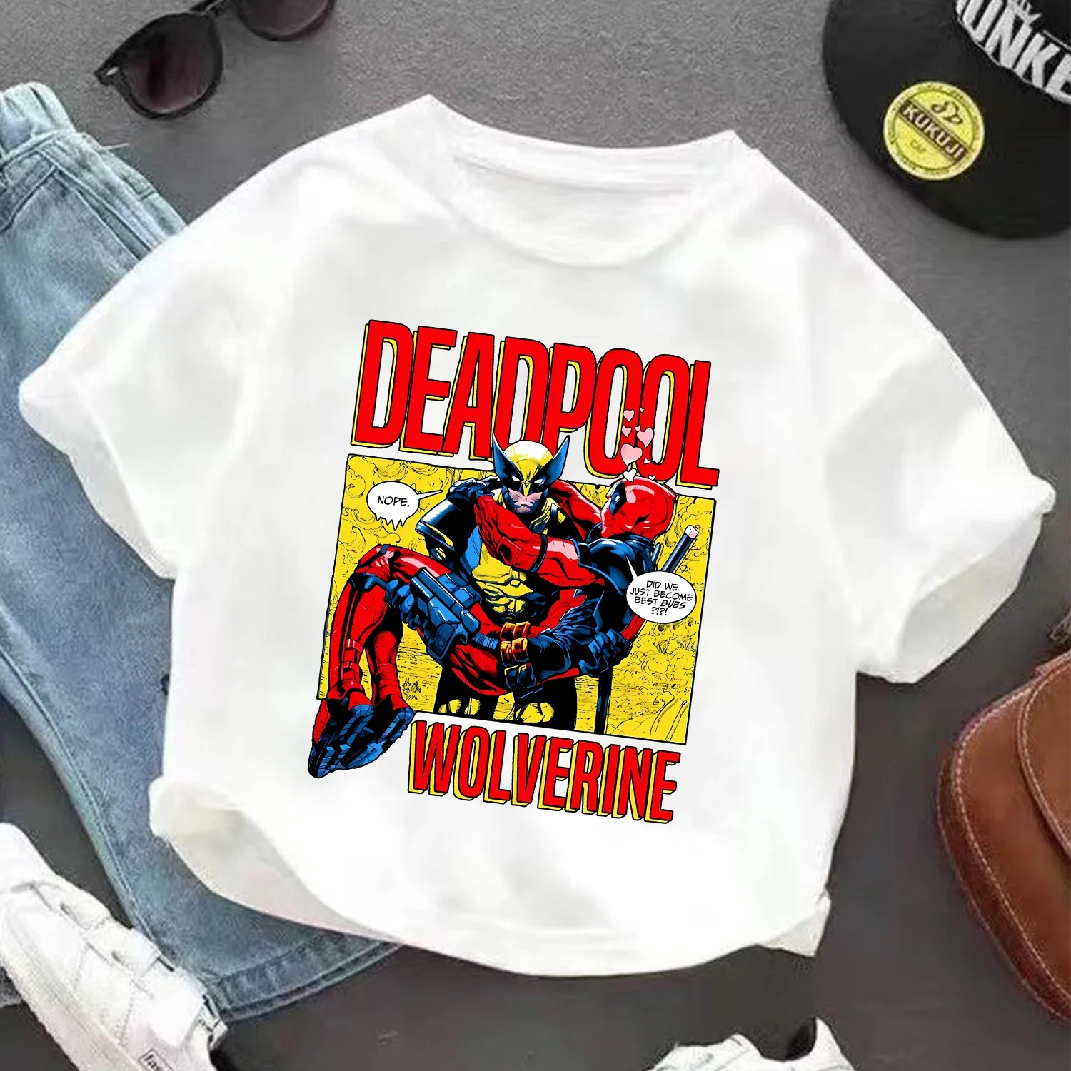 Deadpool & Wolverine White T-shirt Round Neck Loose Summer Clothing Comfortable Breathable Character Children Birthday Hot Gift 6