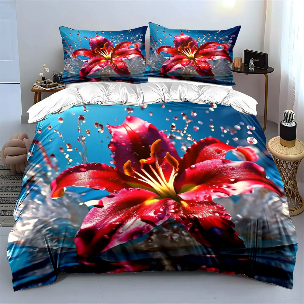Luxury Red Lily Flower Bedding Set 3PCS Soft Polyester Duvet Cover Set with Water Splash Print Pillowcases for Home Decor 2
