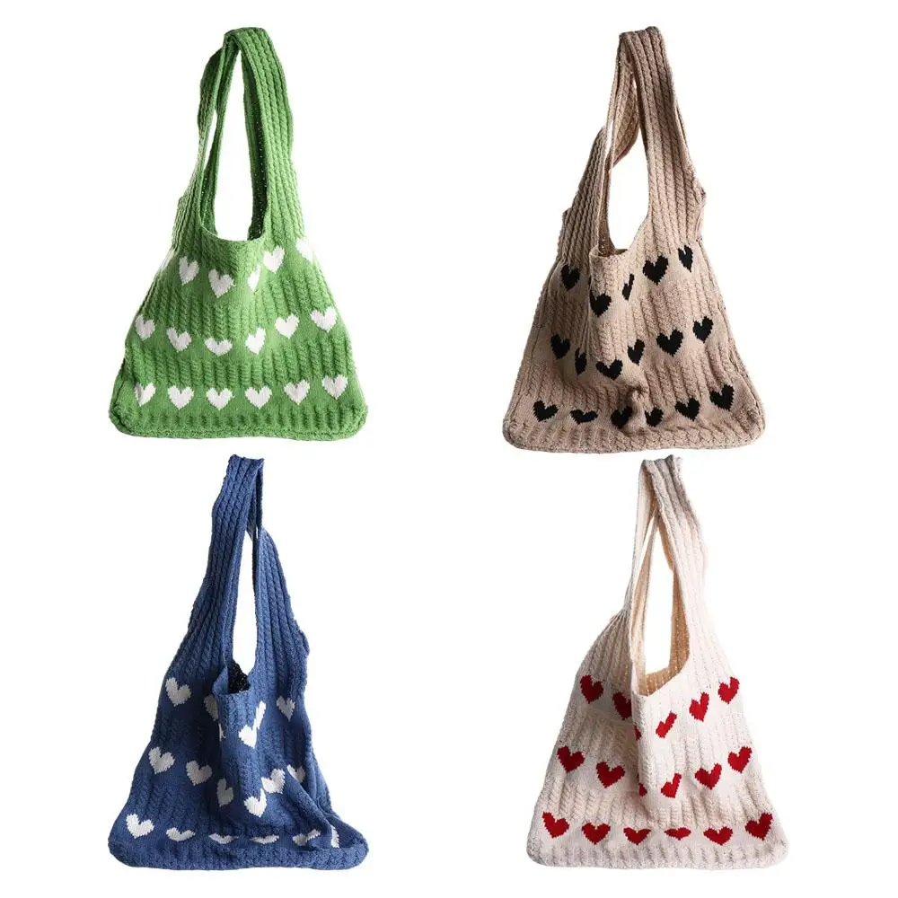 

Color Blocking Knitted Love Handbag Shopping Bag Mommy Bag Love Shoulder Bag Underarm Bag Large Capacity Crochet Tote Bag