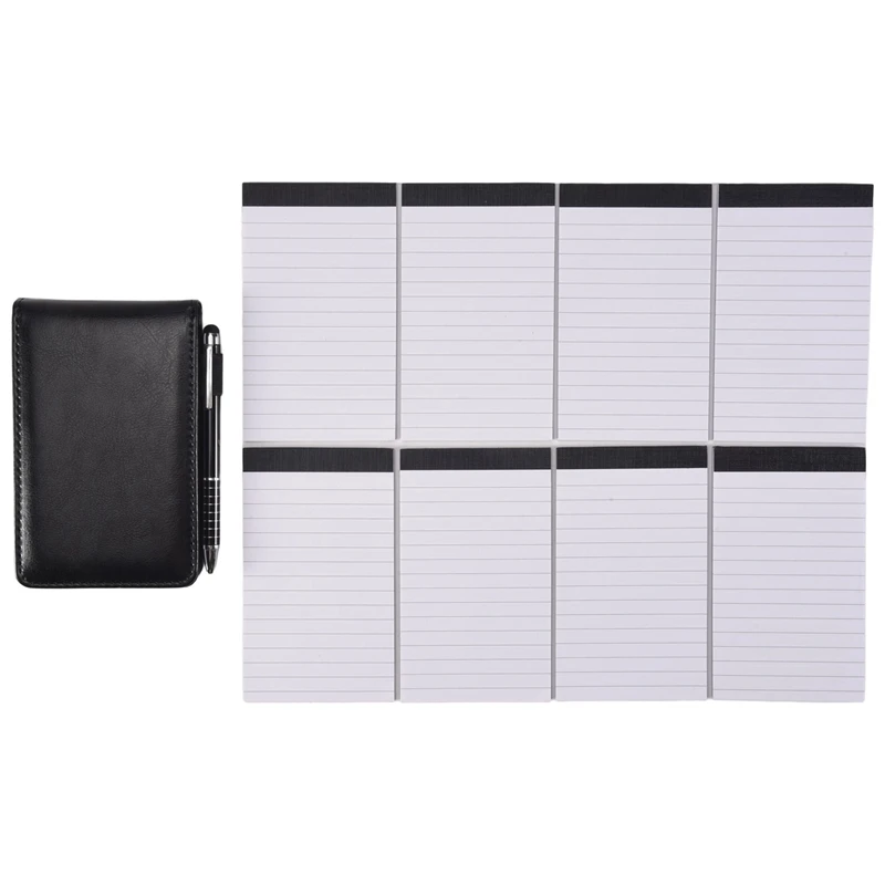 

10Pcs Mini Pocket Notepad Holder Set With Metal Pen And Pocket Notebook Refills (Black)