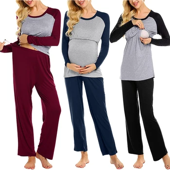Simple Maternity Clothing Nursing Soft Stretchy Color Block Mother Long Sleeve Top & Pants Sets for Spring Autumn