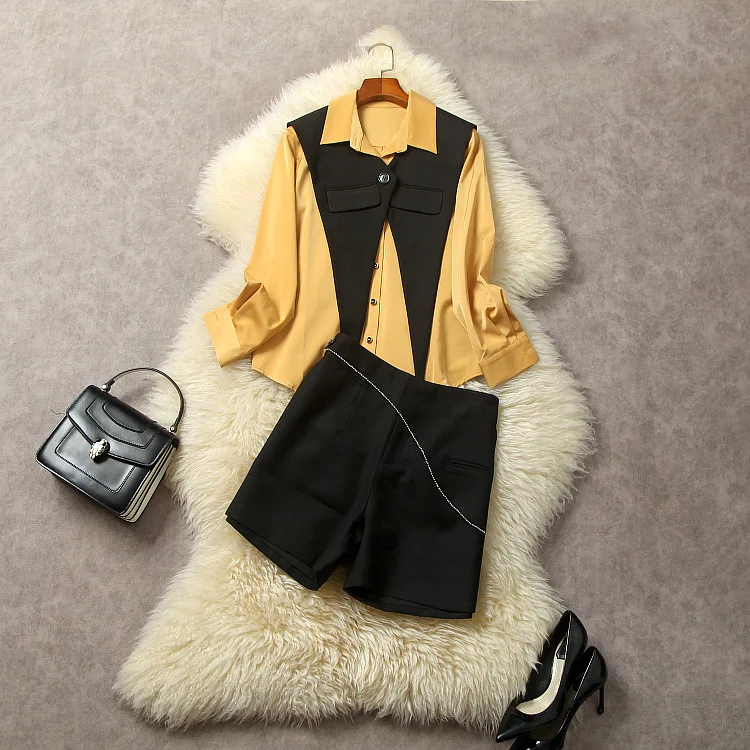 

European and American women's clothing 2023 autumn new Long sleeve yellow shirt Studded shorts Fashion suit