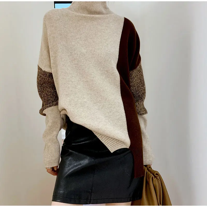 Women's Turtleneck Sweater Color Contrast 2021 Autumn Winter Warm Pullover Sweater For Women Loose Soft Knitted Sweaters Female brown cardigan