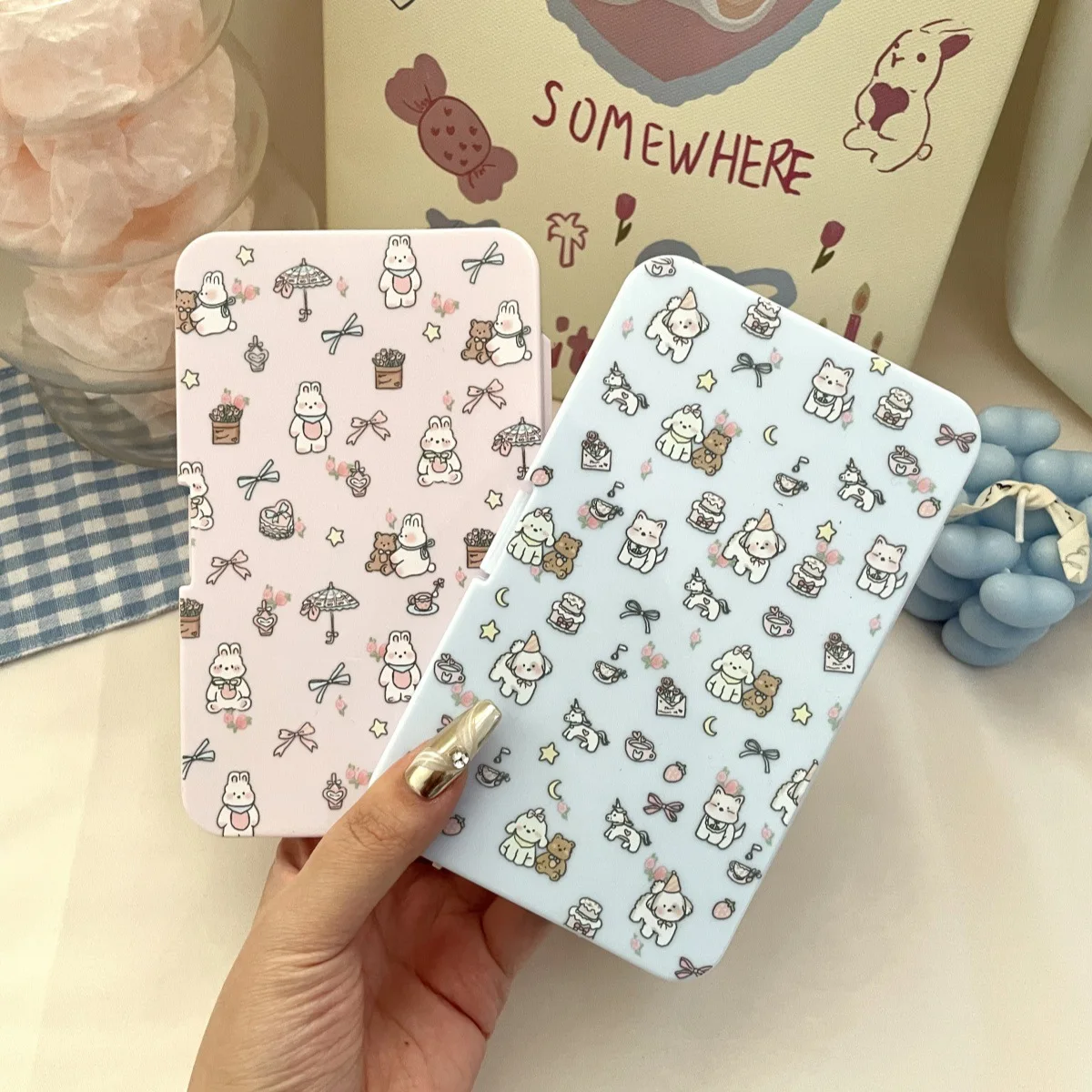 꽃무늬 강아지 프린트 콘택트 렌즈 상자(거울 및 핀셋 포함) 휴대용 여행 동반자 케어 박스 콘택트 렌즈 케이스 6쌍 세트