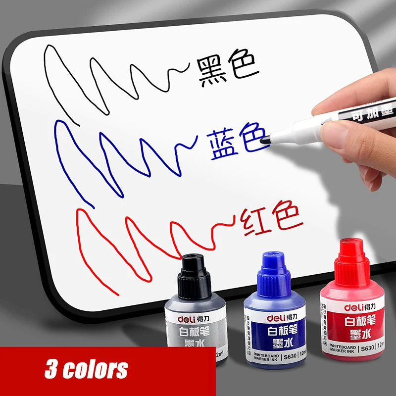 Deli 1 pcs Whiteboard Marker Refill Ink Black Blue Red 12ml Bottle Office Stationery Supplies whiteboard pen ink