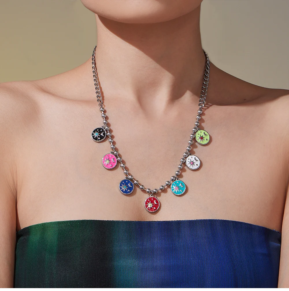 Edelstahl Perlen Kette Halskette Halsband Für Frauen Bunte Emaille Sterne Mond Anhänger Halskette Femme Wasserdicht Schmuck – Detail 5