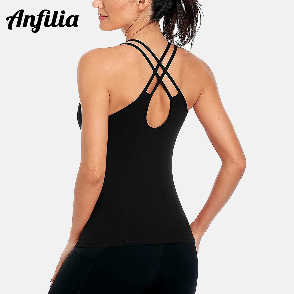 

Anfilia Women Tank Tops Sleeveless Sport Padded Vest Running Top Cross Back Athletic Yoga Cami Shirt