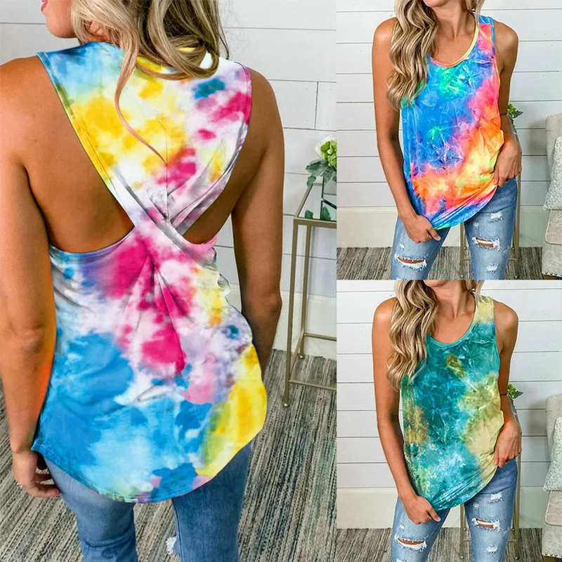 

Tops for Women Spring and Summer Fashion New Round Neck Sleeveless Tie-Dye Twist Casual Loose Vest