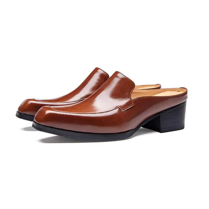 Summer New Mules Shoes Men Slippers Heels Sandals Square Toe Slip-On Genuine Leather Height Increase Shoes Mens Business