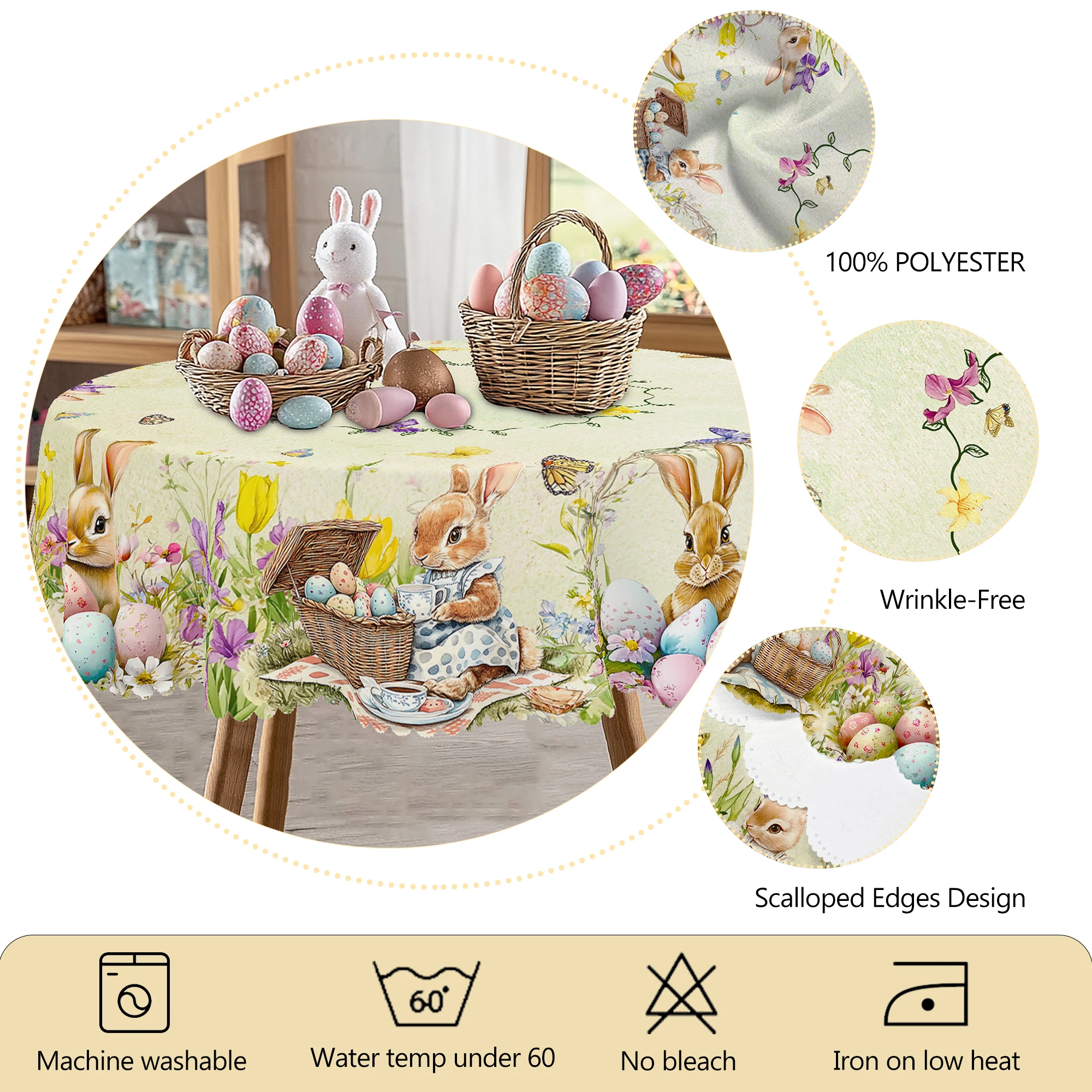 1 Easter Round Tablecloth, 5 Sizes Available, Tulip Easter Bunny Egg Garden Printed Square Tablecloth, Edge Embossing Process, Spring Garden Tablecloth Decoration, Tablecloth for Daily Home Kitchen, Terrace Use, Decoration