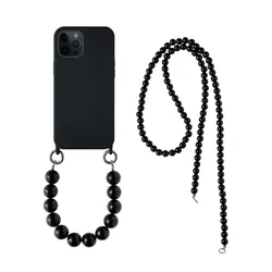 INS Crossbody Lanyard Necklace Silicone Phone Case with Round Bead Chain - iPhone 8 Plus (Black)