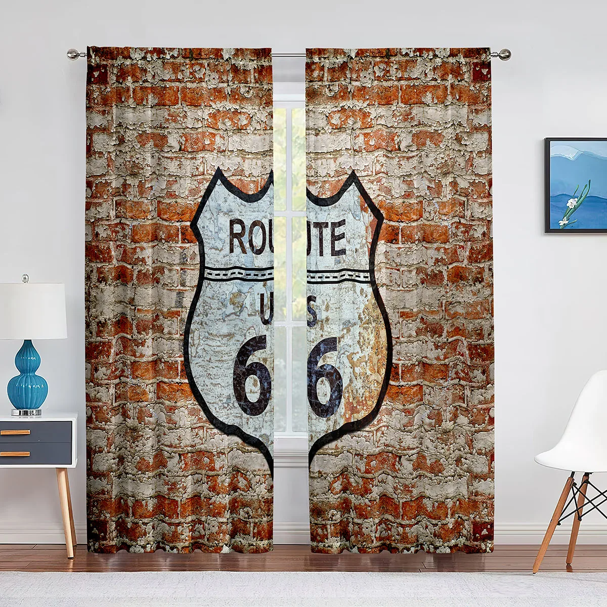 Vintage Route 66 Brick Wall Tulle Curtains for Living Room Bedroom Kitchen Decor Chiffon Sheer Voile Curtains Window Treatment