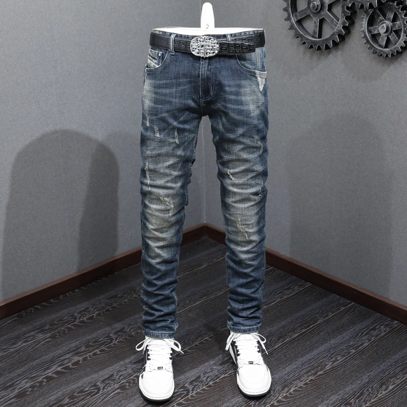 Italian Style Fashion Men Jeans Retro Black Blue Elastic Vintage Slim Ripped Jeans Men Embroidery Patched Designer Pants Hombre
