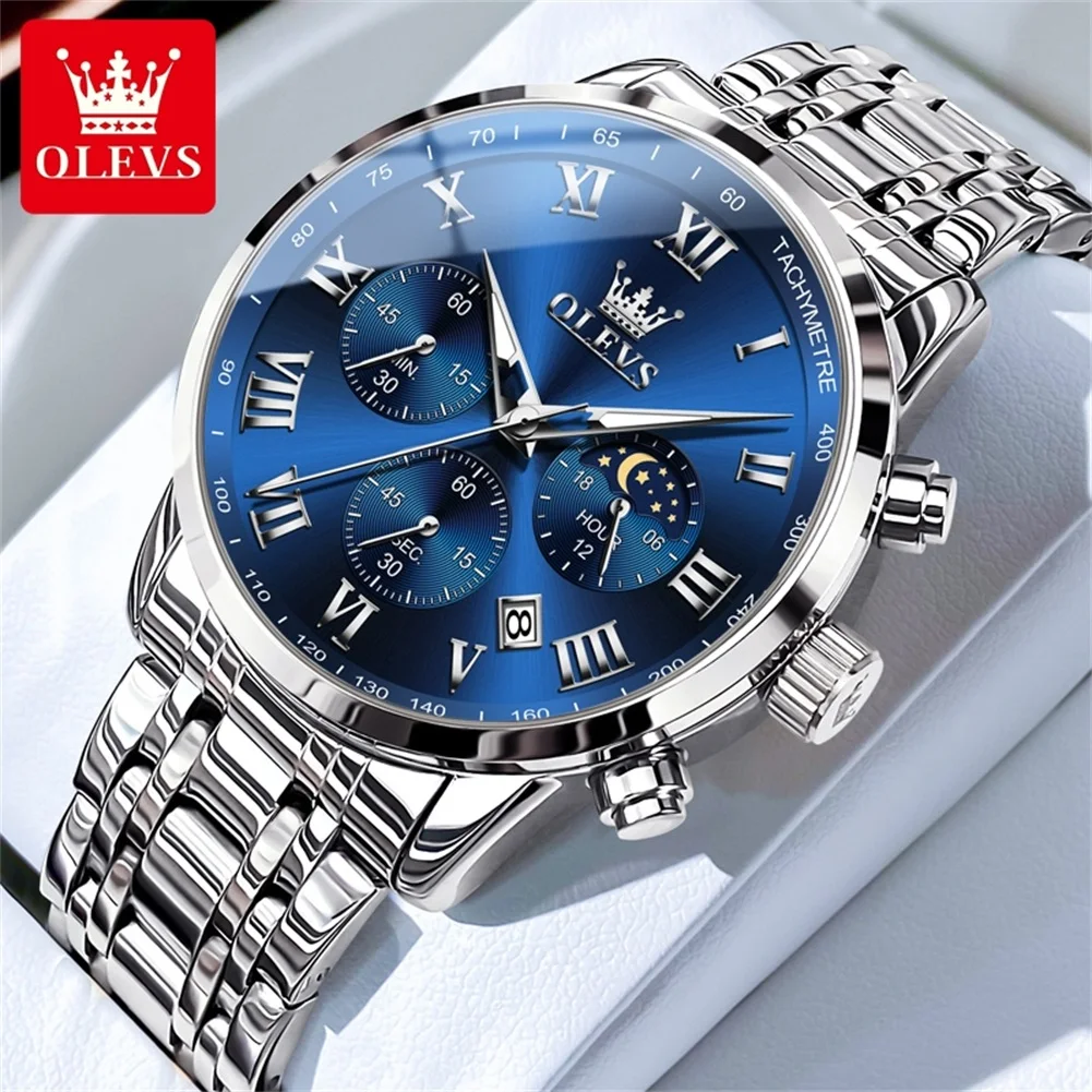 Luxury Quartz Men's Watch with Moon Phase, Chronograph, and Luminous Features