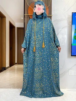 New Cotton Ramadan Muslim Two Hats Abaya Dubai Turkey Islam Prayer Clothes Gold Dust Embroider Abaya Islam Women Dress Kaftan