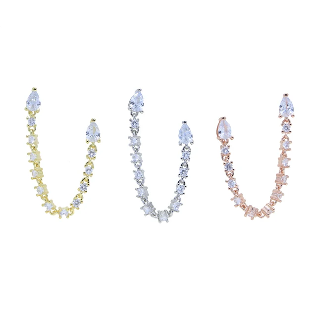 Boucles d'Oreilles Double 2 Piercing pour Femme, Goutte d'Eau, Tendance, Romantique, 5A CZ, Station Link, JoTassel, 1 Pièce