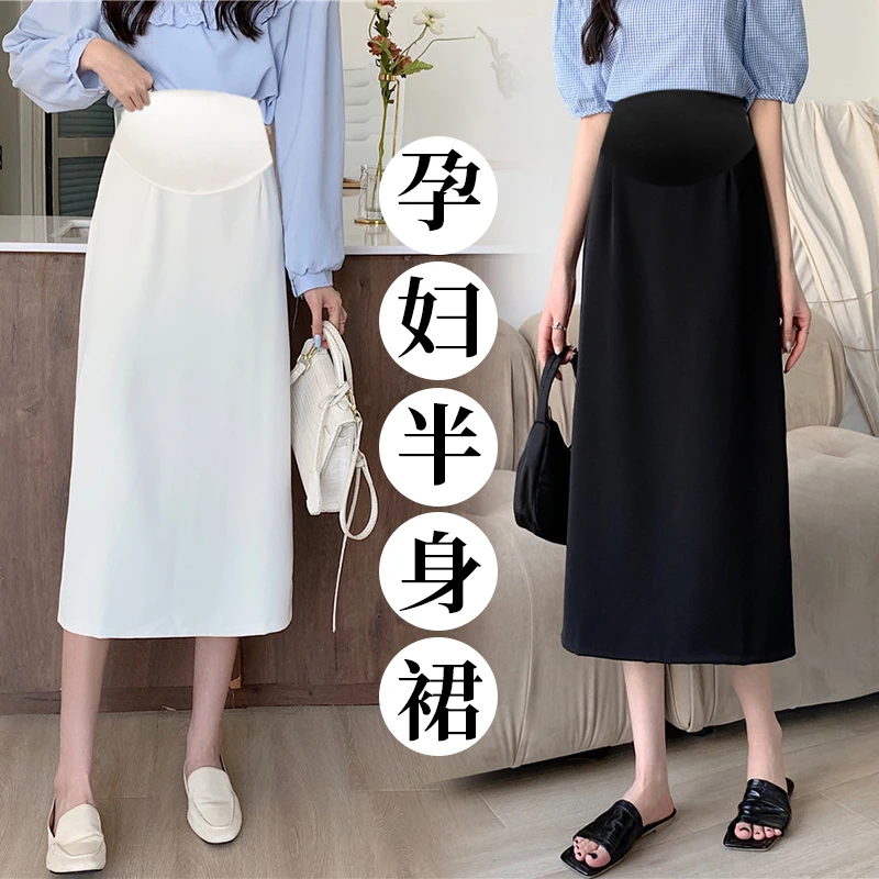 Summer Thin Drappy OL Youth Maternity Skirts Back Splits A Line Loose Belly Clothes for Pregnant Women Casual Pregnancy