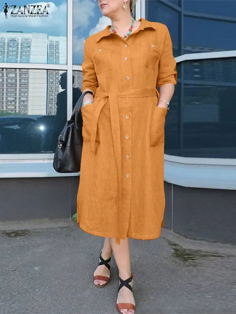 

ZANZEA 2023 Women Cotton Dress Casual Loose Long Sleeve Robe Vintage Holiday Shirt Dresses Autumn Fashion Lapel Belted Vestidos