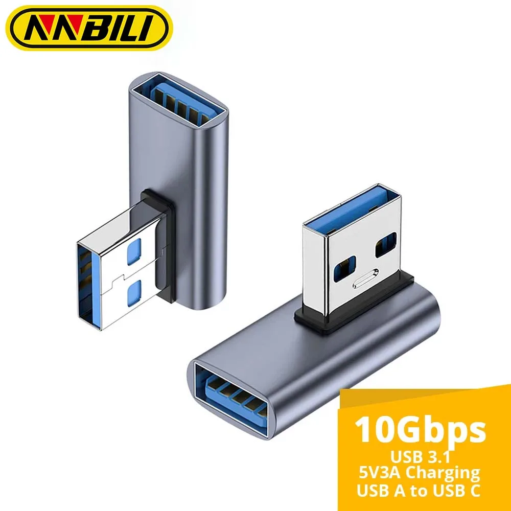 NNBILI 90 Degree USB 3.1 adapter 1-2 Pack Left Angle USB A Male to Female Converter Extender PC Laptop USBA Charger