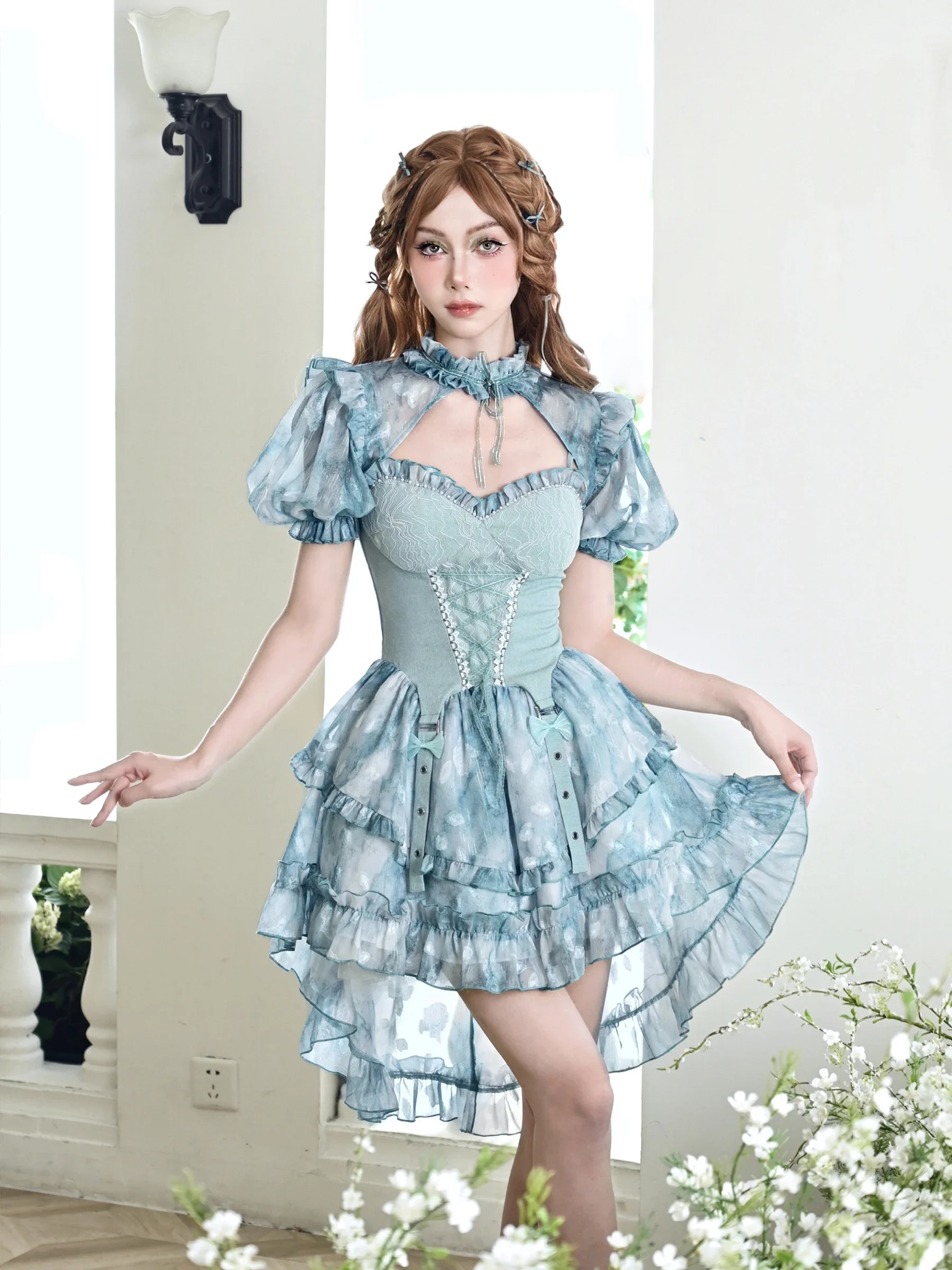 Original Fairy Sweet Women Dresses Ruffles Halter Neck Sleeveless Sashes  Tie Dyed Princess Blue Slip Dress Summer Women Clothing - AliExpress  200000345