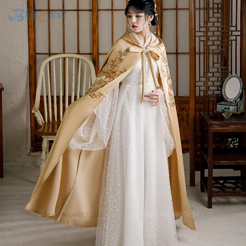 

Long Hooded Cape Women Hanfu Cloak Embroidered Beading Sequin Ethnic Traditional Chinese Style Tang Song Dynasty Ancient Costume