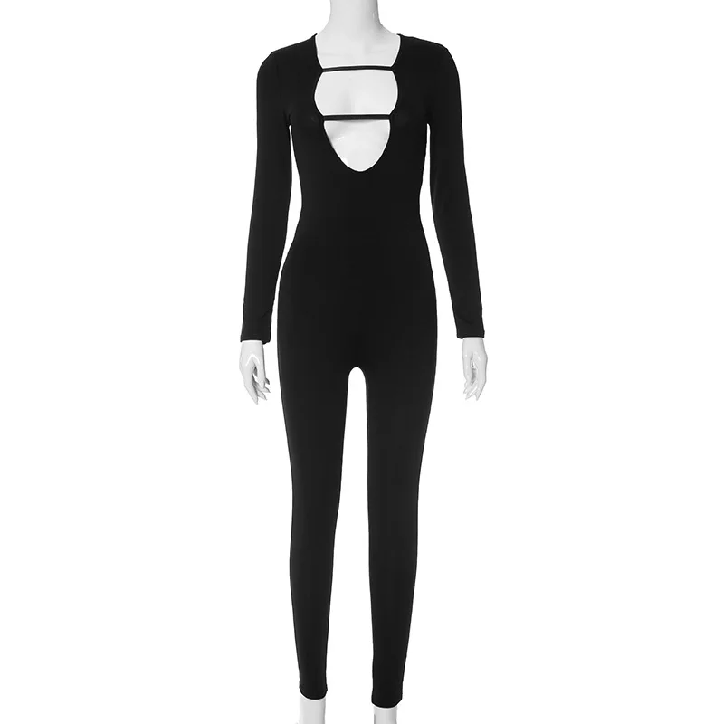 BKLD Clothes For Women 2023 Autumn Winter New Long Sleeve Bandage Hollow Out Sexy Y2k Streetwear Black Jumpsuit One Pieces