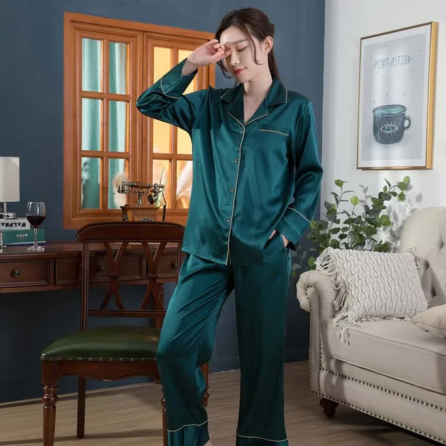 Luxury Women's Silk Pajama Set 19 Momme Real Mulberry Silk Long Pajamas Set  Sleepwear Solid Color In Gold Dark Green Purple - Pajama Sets - AliExpress