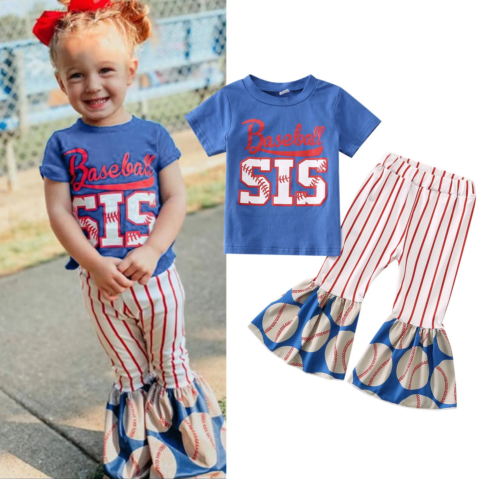 

1-5Years Fashion Kids Girls Summer Clothes Sets 2Pcs Outfits Baseball Letter Print Short Sleeve T-Shirt and Striped Flare Pants