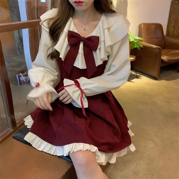 

Red Bow Womens Dress Evening Christmas Party Female New Dress Fashion Vacation Youthful Female Long Sleeves Mini Dresses