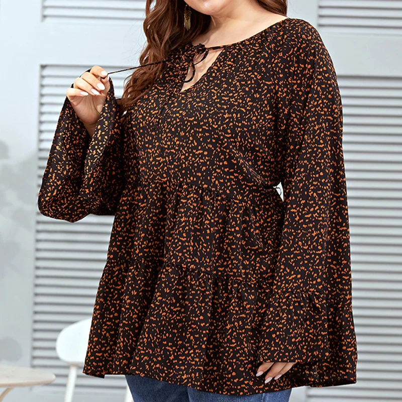 Elegant Leopard Printing Loose T-Shirt V-Neck Bandage Long Flare Sleeve Autumn Casual Pullover Midi Tops Women Plus Size Clothes