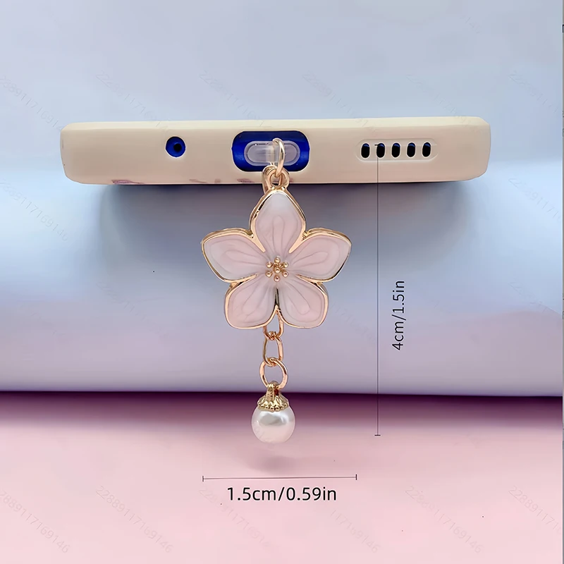 꽃 진주 폰 먼지 방지 플러그 귀여운 장 충전 포트 커버 (아이폰, 삼성, 안드로이드, 타입C 호환)