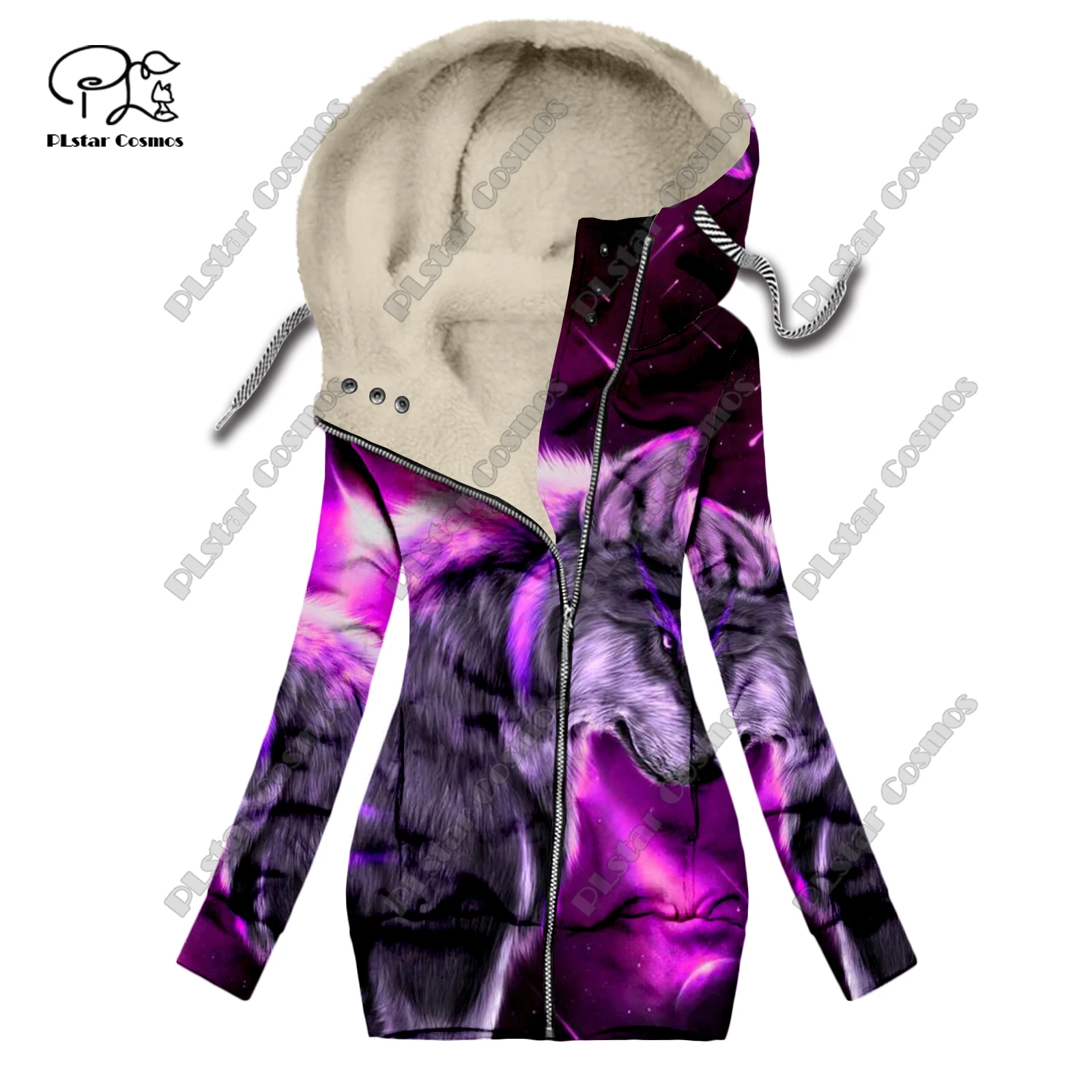 New 3D printed animal series wolf pattern velvet warm women's long zipper hoodie jacket commuting casual winter L-1