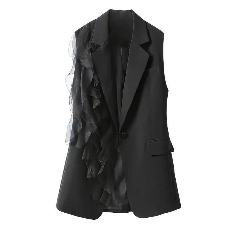 

Black Suit Vest Female Summer 2023 New Korean Fashion Stitching Chiffon Sleeveless Blazers Waistcoat Women Jacket Outerwear Top