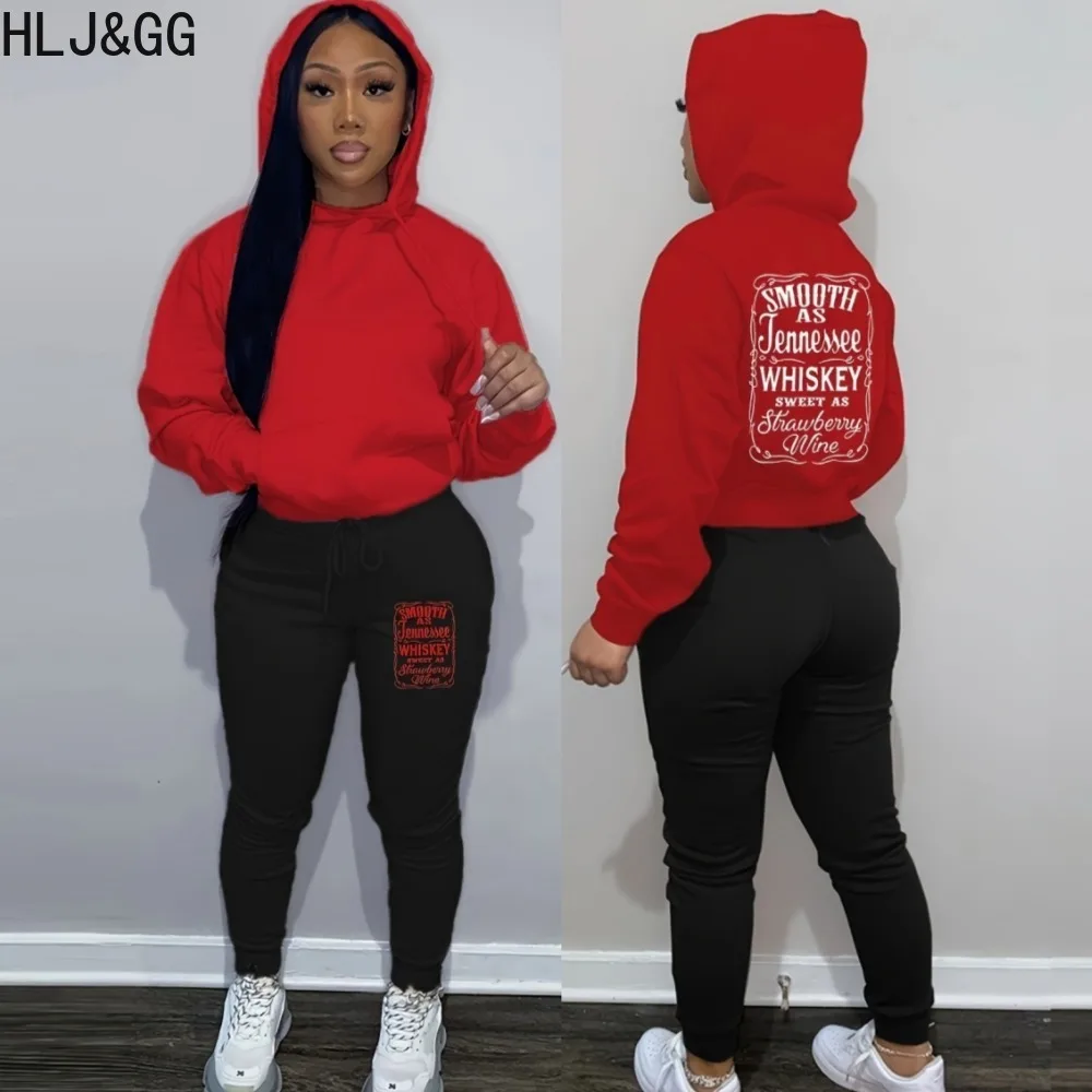 HLJ&GG Red Autumn Casual Letter Printing Hooded Two Piece Sets Women Long Sleeve Top+Skinny Pants Tracksuits Female 2pcs Outfits