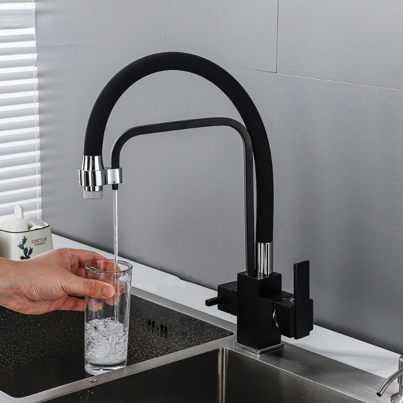 Kitchen Faucet Square Hot and Cold Rotating Pull Out Brass Material Sink Mixer Drinking and Washing Tap