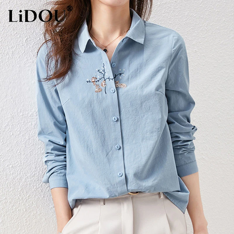 

Spring Autumn New POLO Collar Long Sleeve Vintage Solid Color Loose Shirt Women Cotton Button Embroidered All-match Cardigan