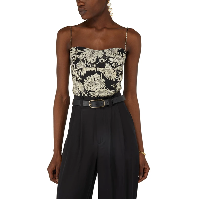 

Vintage floral print linen spaghetti straps Top women fashion versatile heart-shaped collar short Slim y2k tops 2023 new